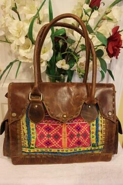 Vintage & Addiction brown leahter artistan fabric bag purse (30000